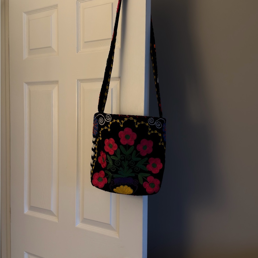 Uzbek Handmade Embroidered Floral Crossbody Bag - Black with Pink Flowers